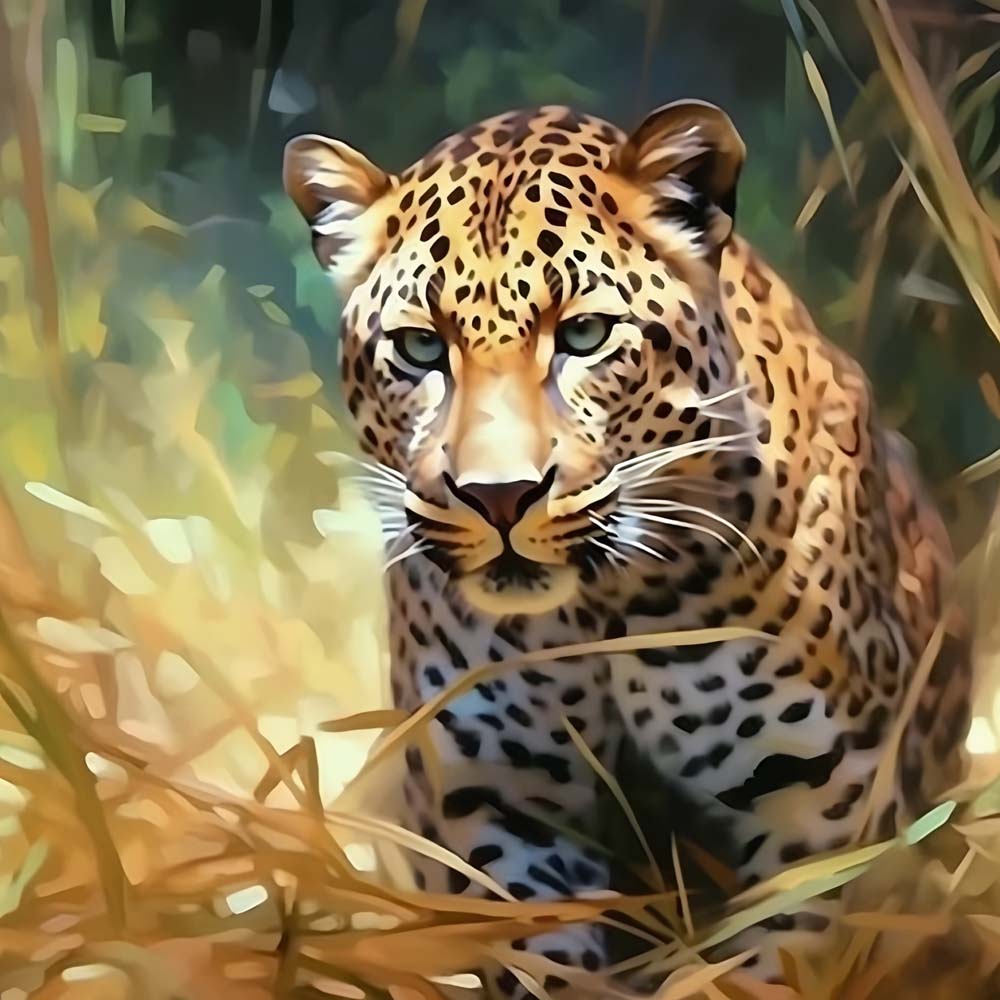 Leopard hiding in tall grass cross stitch kit for beginners