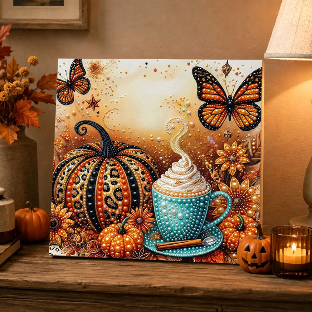 Finished leopard pumpkin spiced latte pearl diamond painting artwork displayed as holiday home decor