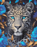 Leopard with blue blooms cross stitch kit for beginners