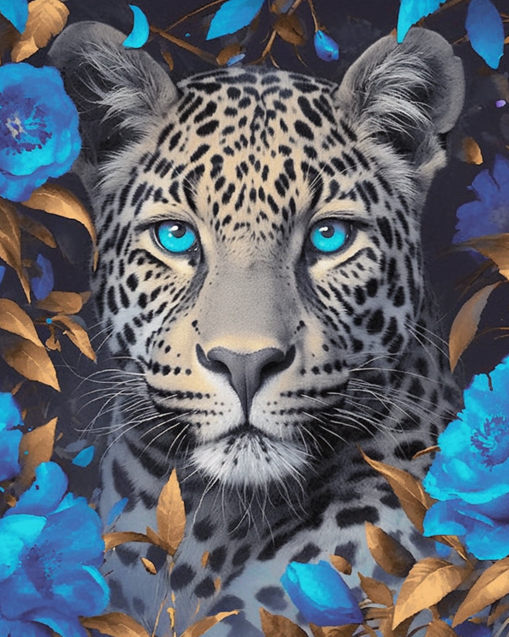 Leopard with blue blooms cross stitch kit for beginners