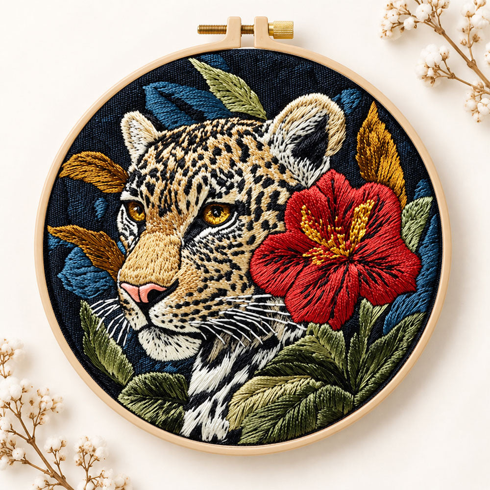 Leopard with red hibiscus embroidery kit