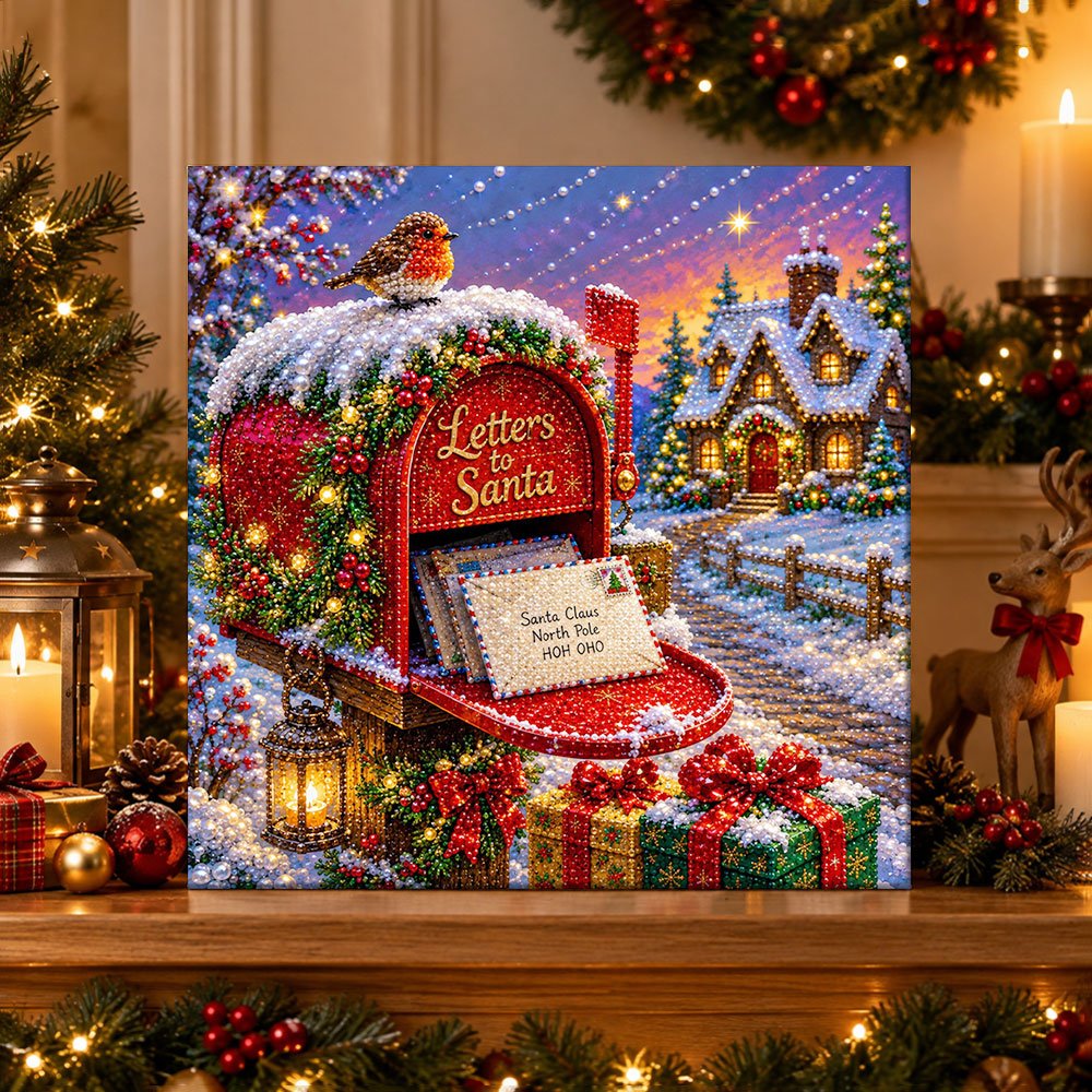 Finished letters to santa mailbox pearl diamond painting artwork displayed as holiday home decor