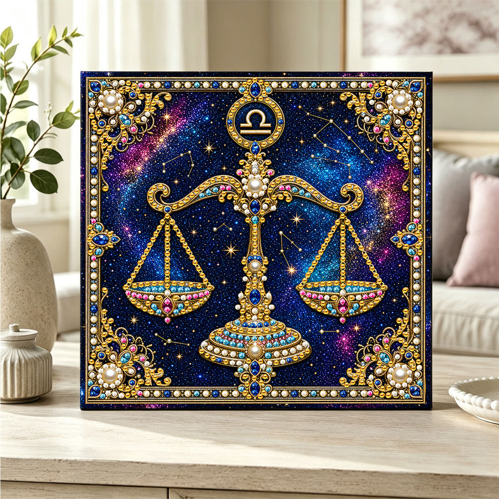 Finished libra scales pearl diamond painting artwork displayed as home decor