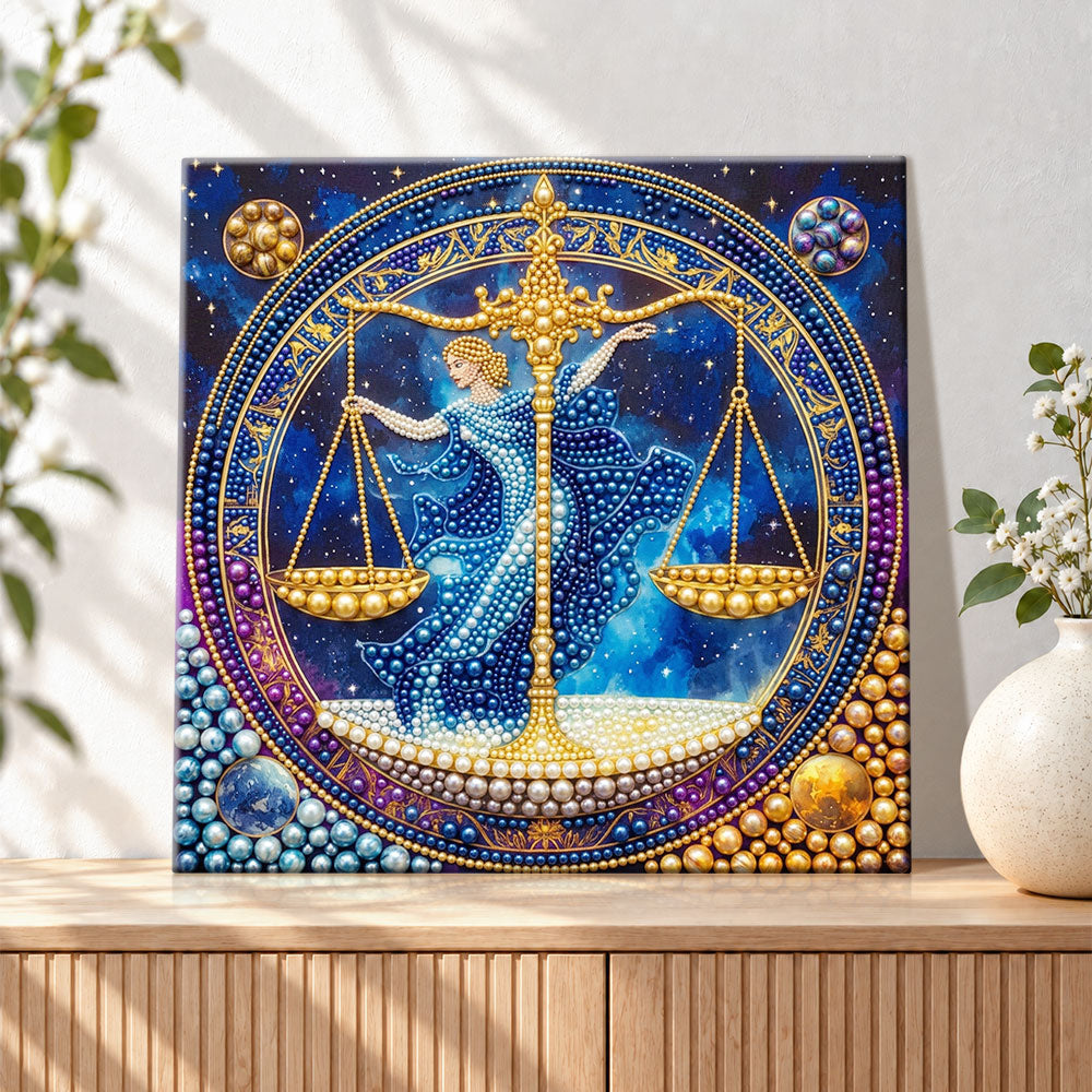 Finished libra zodiac goddess pearl diamond painting artwork displayed as holiday home decor