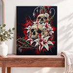 Finished lilies and skulls pearl diamond painting artwork displayed as home decor