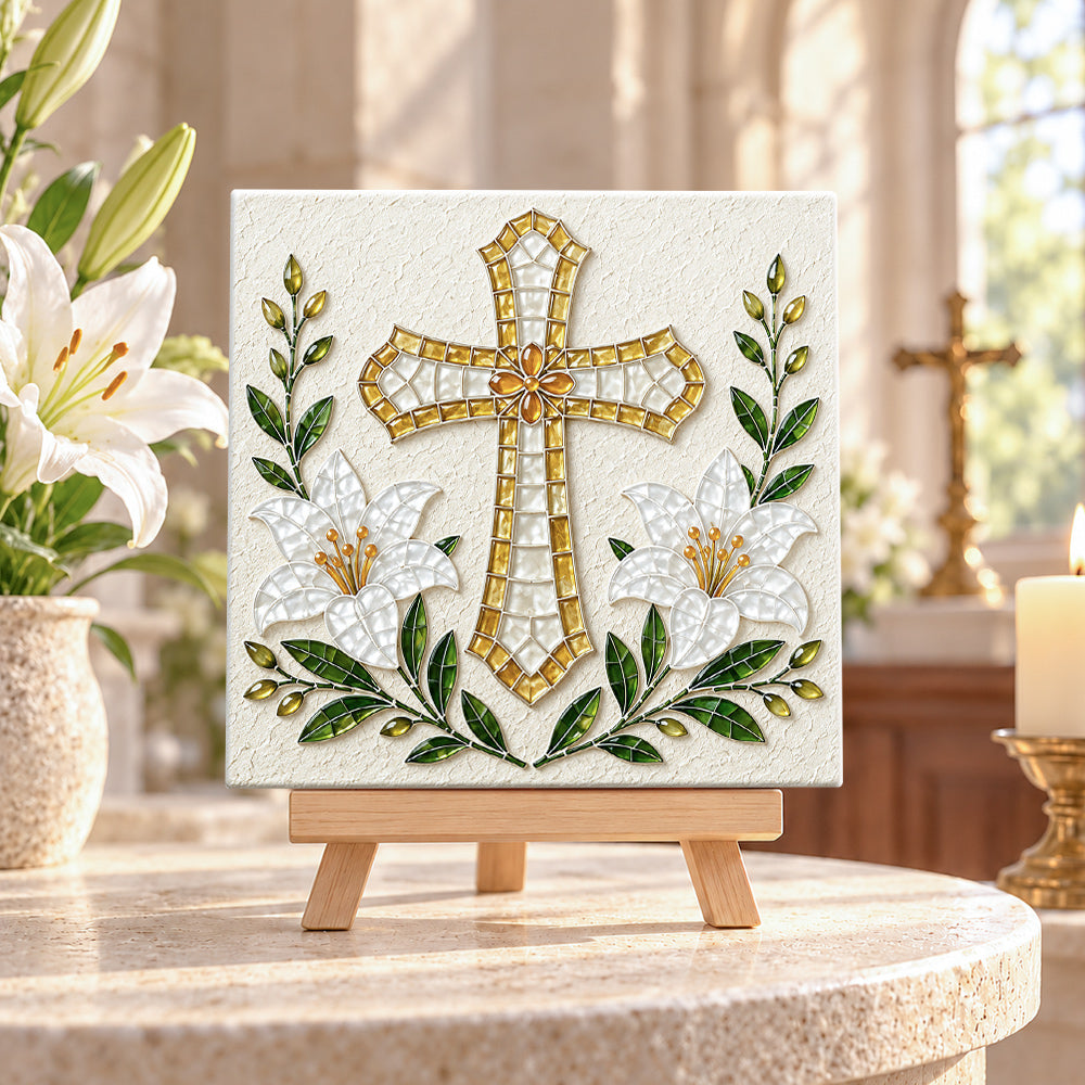 Lily cross sea glass art kit displayed as seasonal home decor