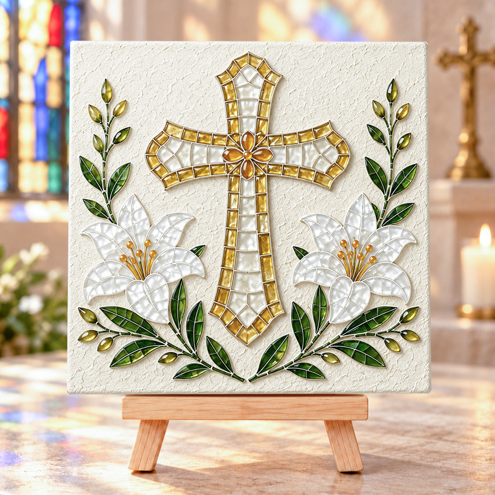 Lily cross sea glass art kit finished artwork on display