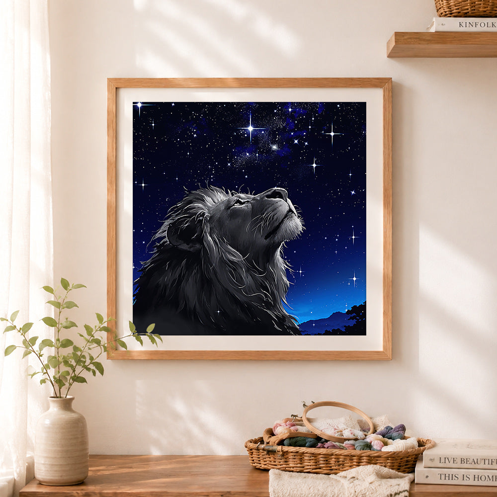 Finished lion gazing at starry sky cross stitch artwork displayed as home decor
