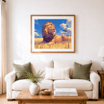 Finished lion resting on golden grass cross stitch artwork displayed as home decor