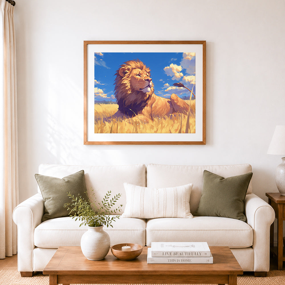 Finished lion resting on golden grass cross stitch artwork displayed as home decor