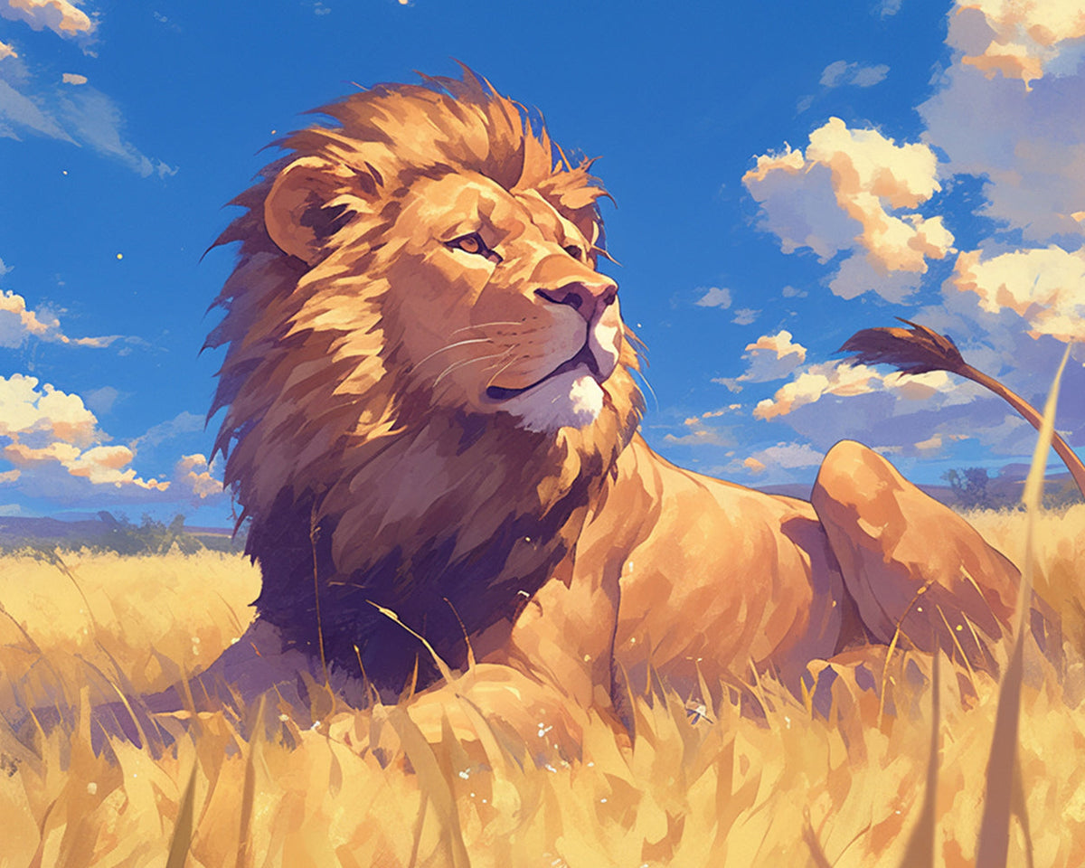 Lion resting on golden grass cross stitch kit for beginners
