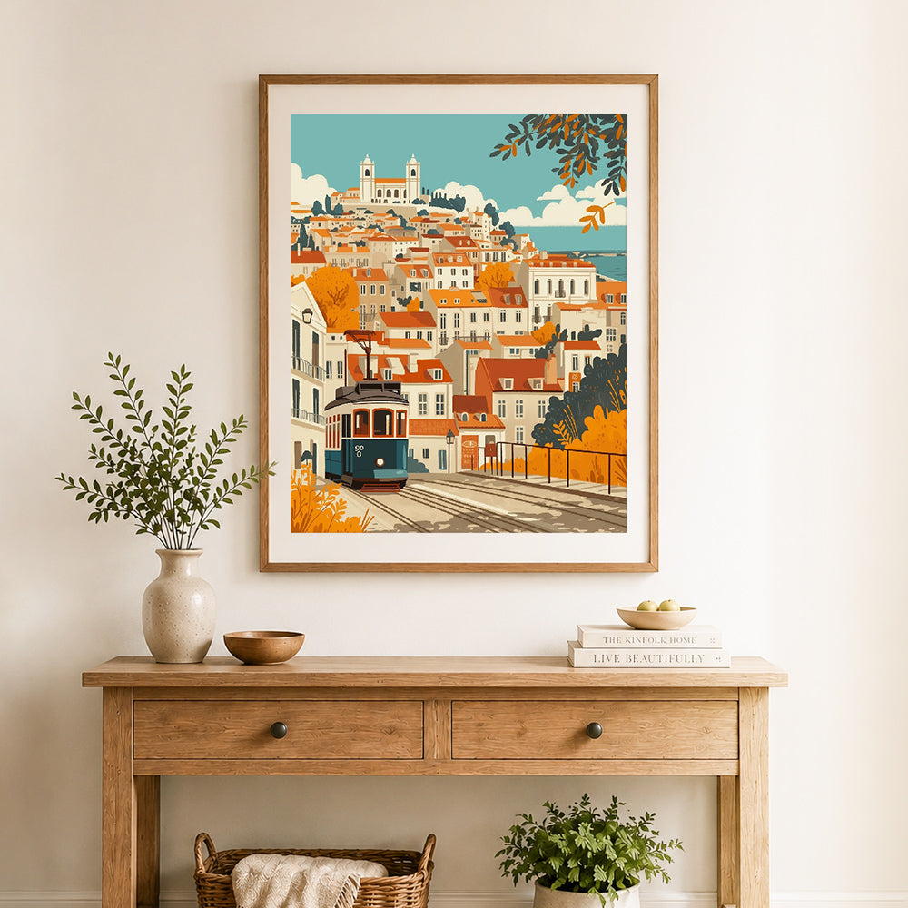 Finished lisbon vintage tram ride cross stitch artwork displayed as home decor