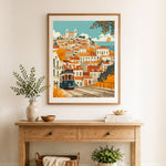 Finished lisbon vintage tram ride cross stitch artwork displayed as home decor