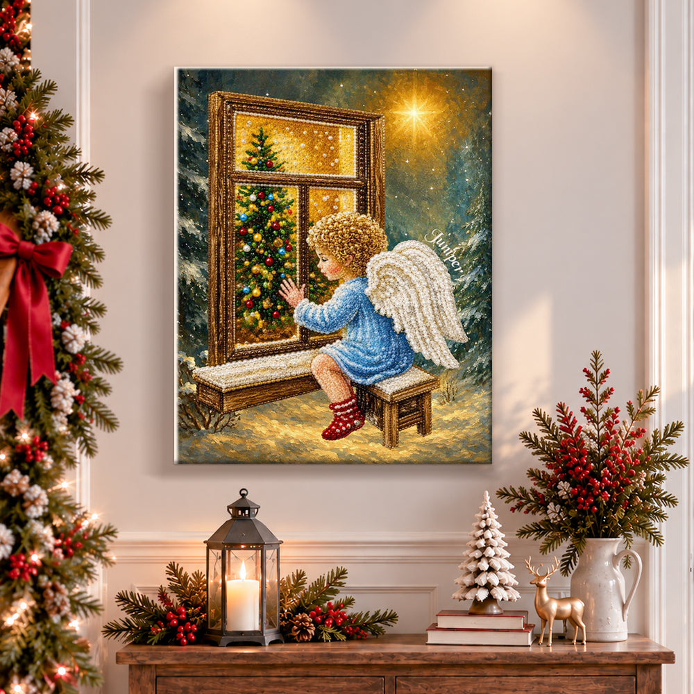 Finished little angel watching christmas tree pearl diamond painting artwork displayed as holiday home decor