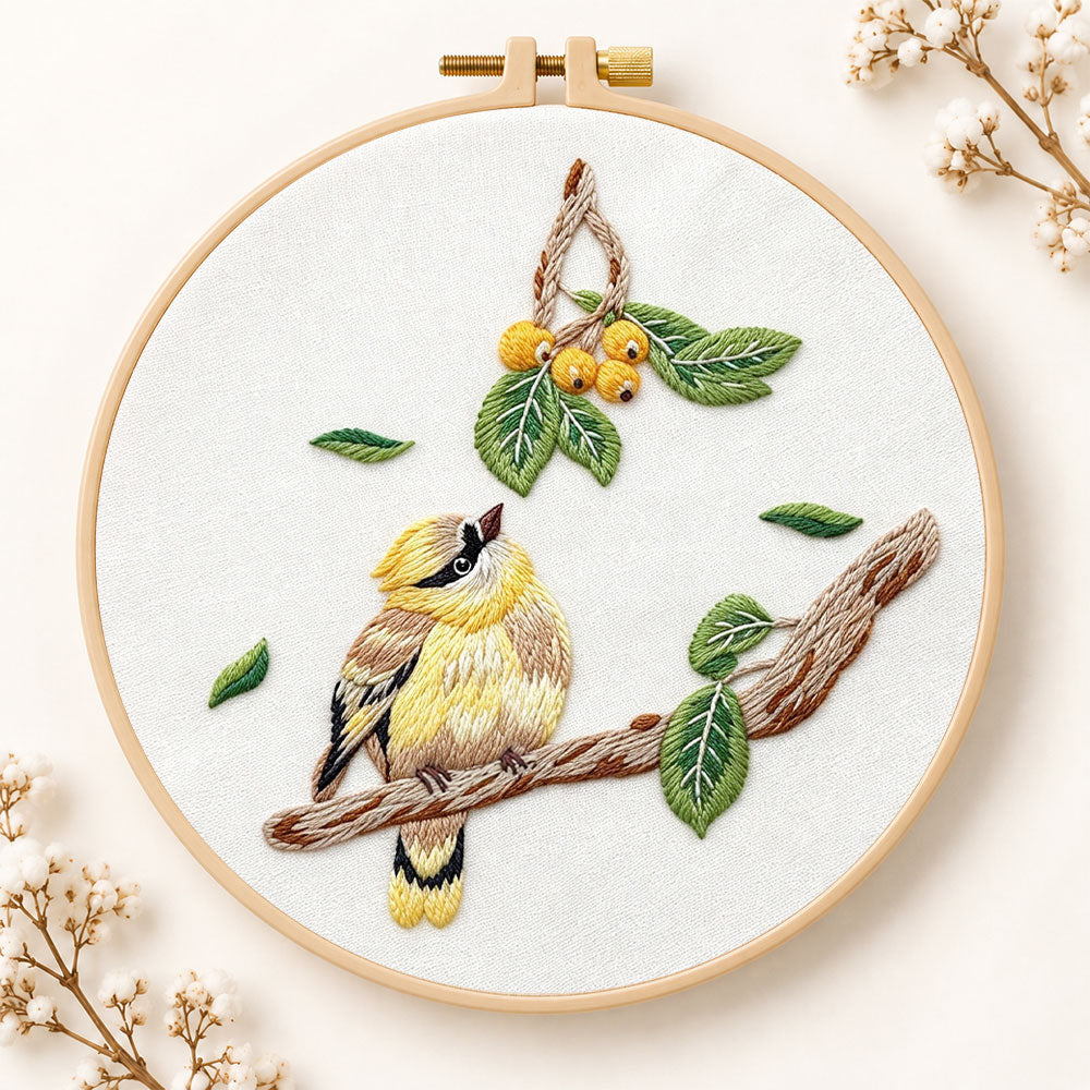 Little bird looking at loquat fruits embroidery kit
