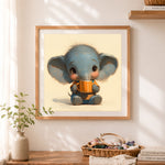Finished little elephant with a mug cross stitch artwork displayed as home decor