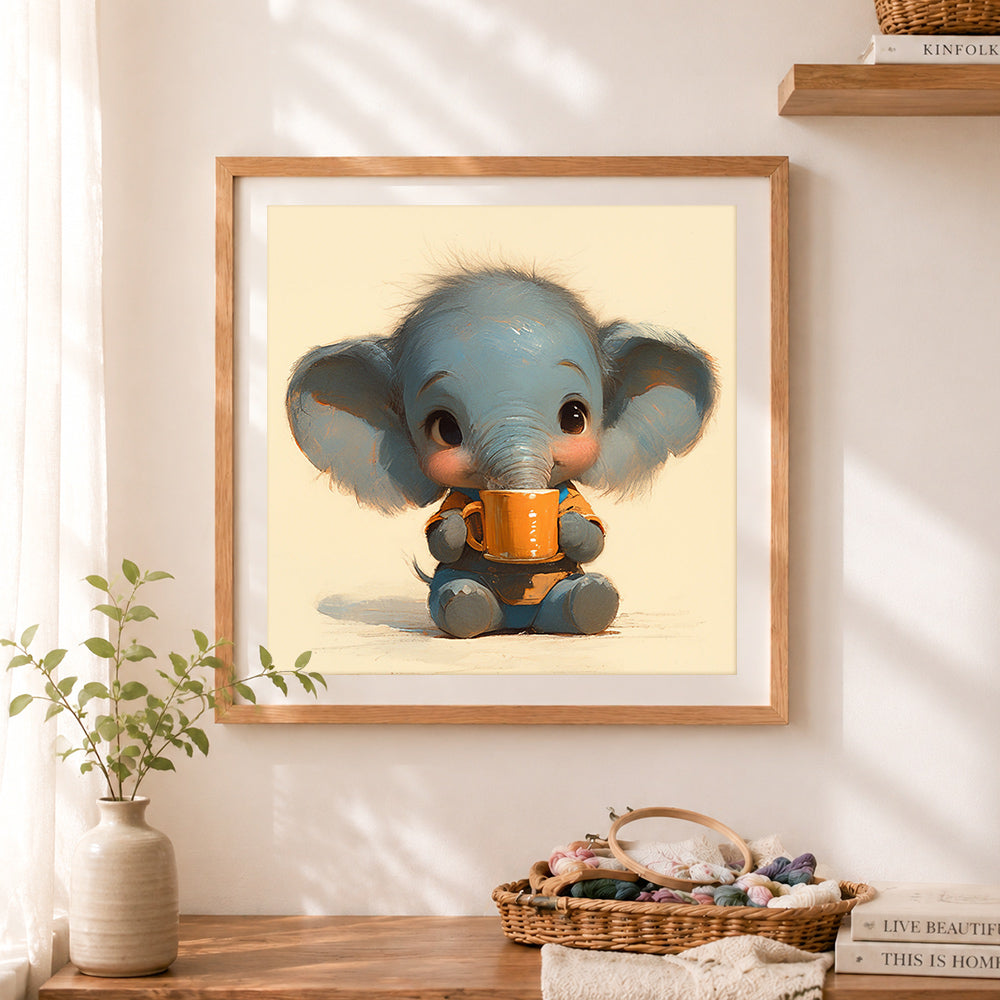 Finished little elephant with a mug cross stitch artwork displayed as home decor