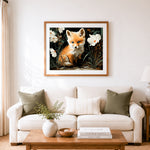Finished little fox cub among white wildflowers cross stitch artwork displayed as home decor