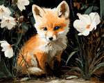 Little fox cub among white wildflowers cross stitch kit for beginners