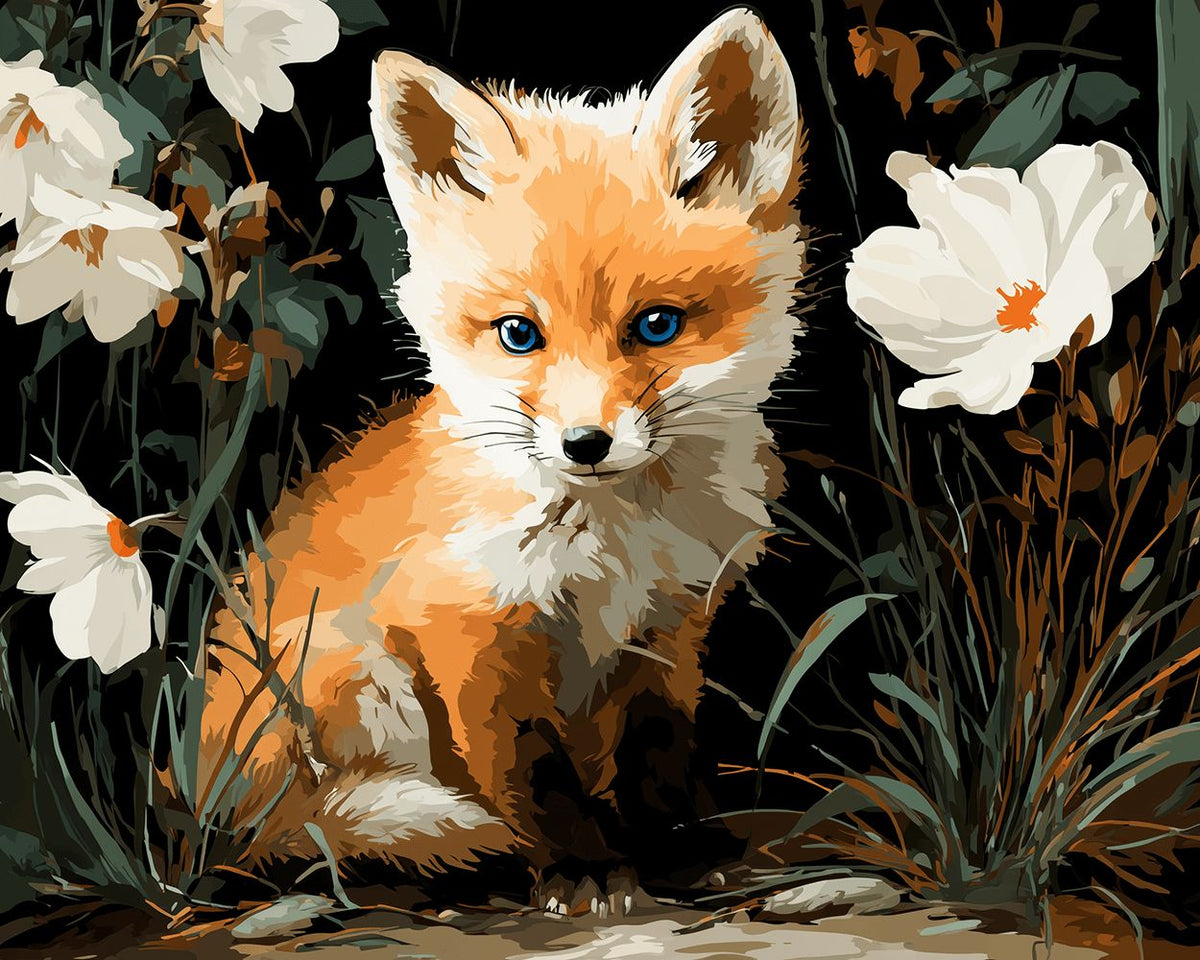 Little fox cub among white wildflowers cross stitch kit for beginners