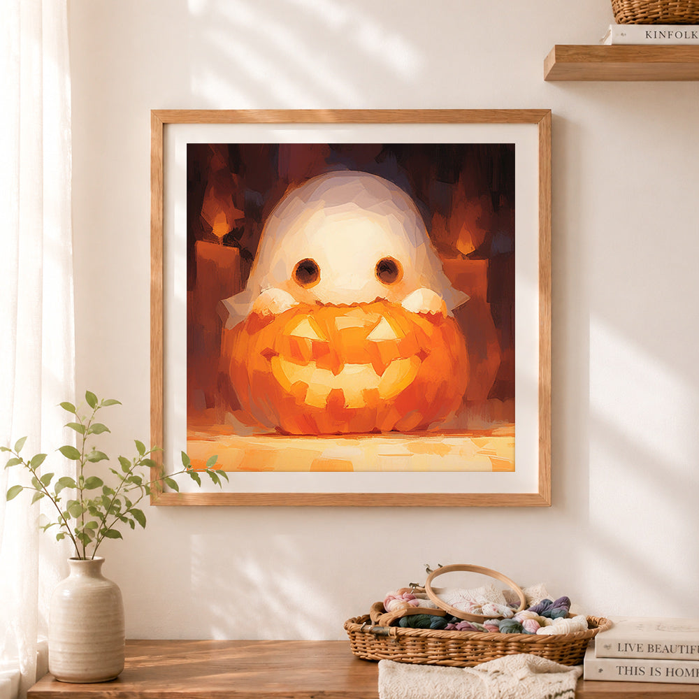 Finished little ghost pumpkin cross stitch artwork displayed as home decor