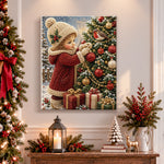 Finished little girl decorating christmas tree pearl diamond painting artwork displayed as holiday home decor