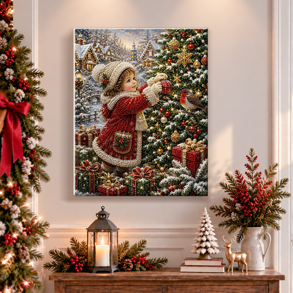 Finished little girl hanging christmas ornament pearl diamond painting artwork displayed as holiday home decor