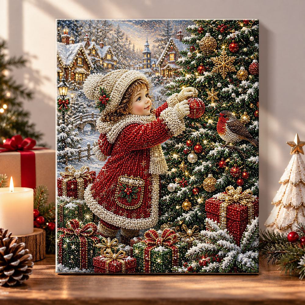 Little girl hanging christmas ornament pearl diamond painting kit for beginners