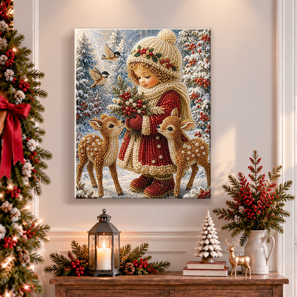 Finished little girl with forest deer pearl diamond painting artwork displayed as holiday home decor