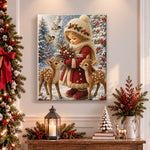 Finished little girl with forest deer pearl diamond painting artwork displayed as holiday home decor