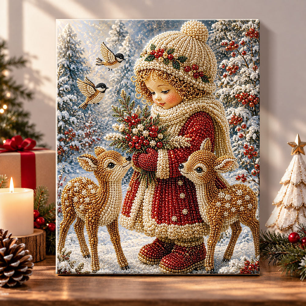 Little girl with forest deer pearl diamond painting kit for beginners