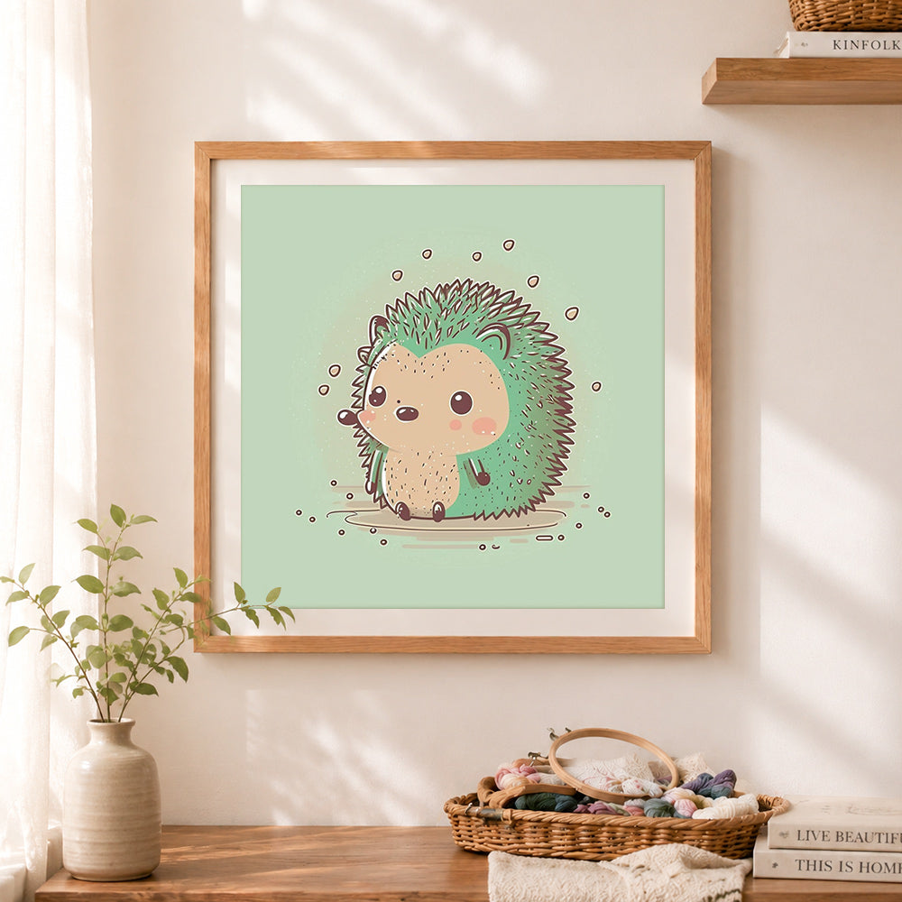 Finished little green hedgehog cross stitch artwork displayed as home decor