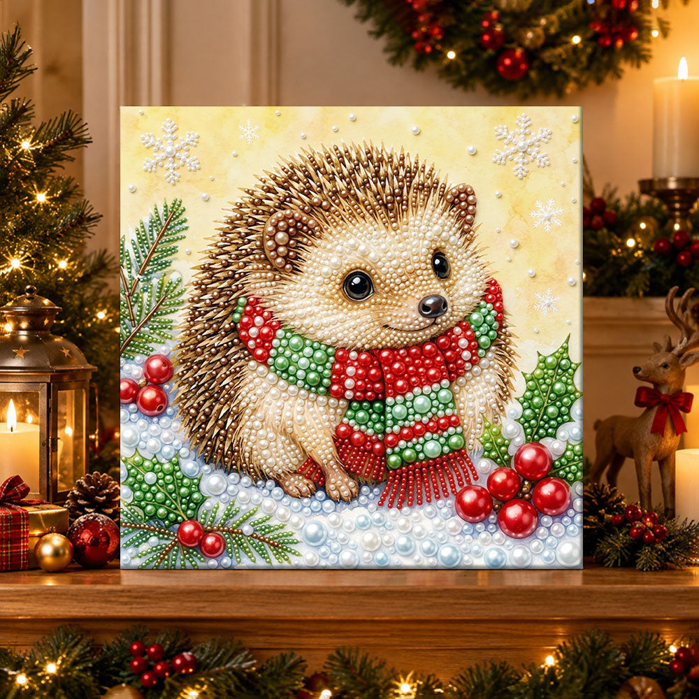 Finished little hedgehog in christmas scarf pearl diamond painting artwork displayed as holiday home decor