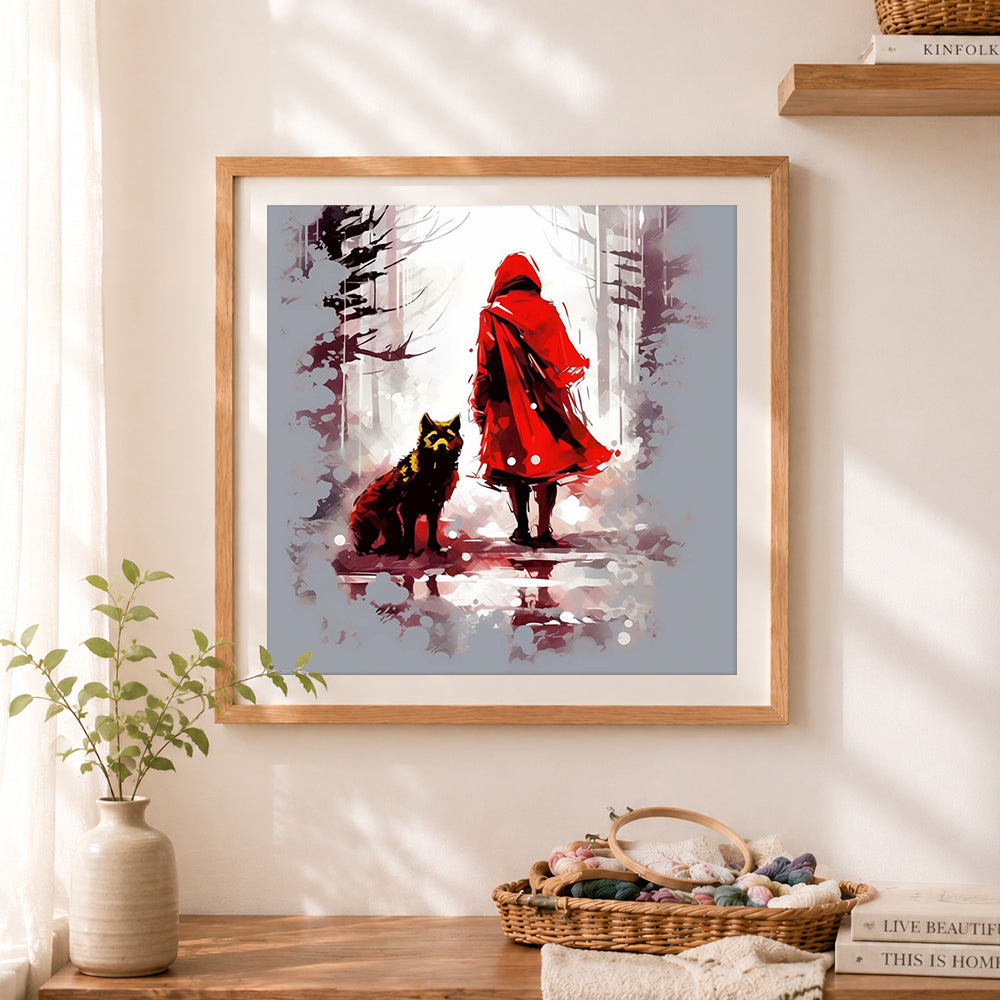 Finished little red riding hood scene cross stitch artwork displayed as home decor