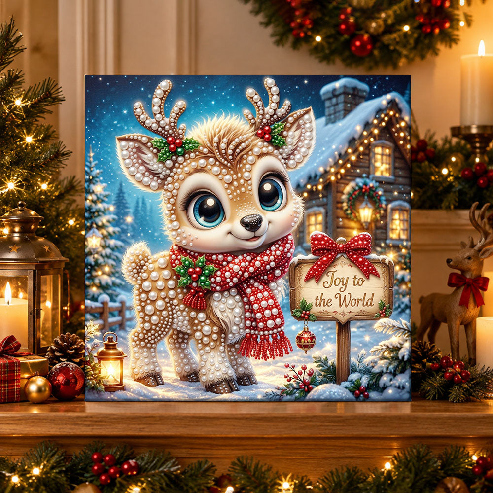 Finished little reindeer joy to the world pearl diamond painting artwork displayed as holiday home decor