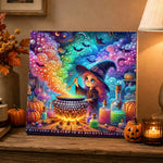 Finished little witch brewing potion pearl diamond painting artwork displayed as holiday home decor