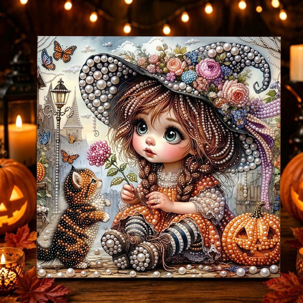 Little witch girl and kitten pearl diamond painting kit for beginners