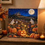 Finished little witch in pumpkin field pearl diamond painting artwork displayed as holiday home decor