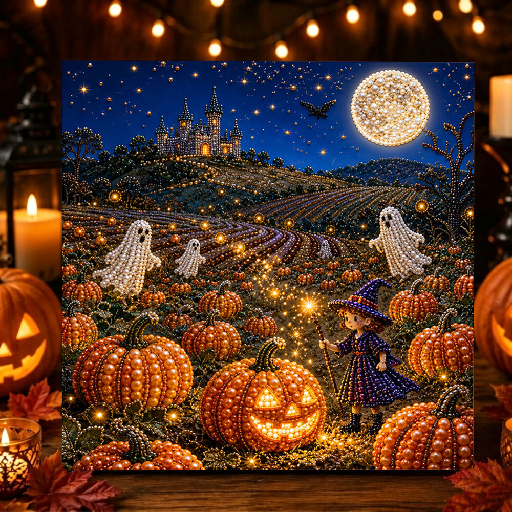 Little witch in pumpkin field pearl diamond painting kit for beginners