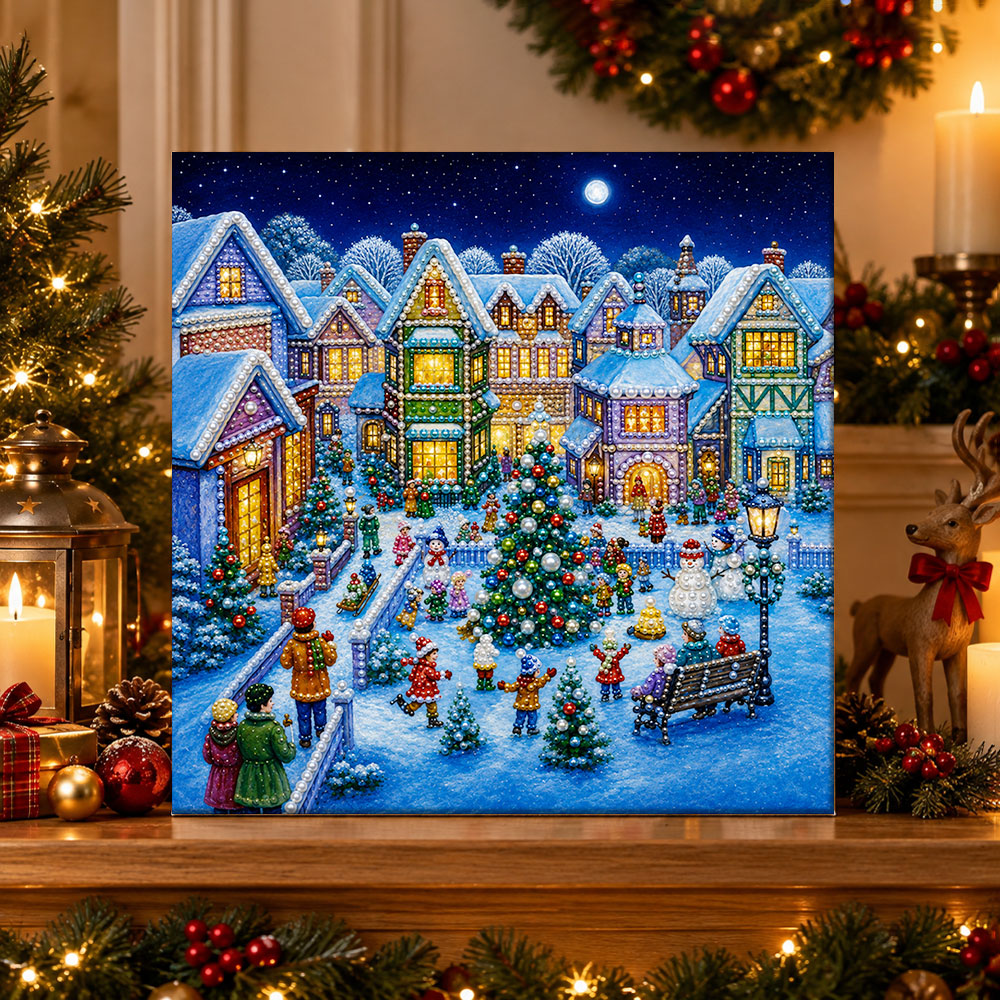 Finished lively christmas town square pearl diamond painting artwork displayed as holiday home decor