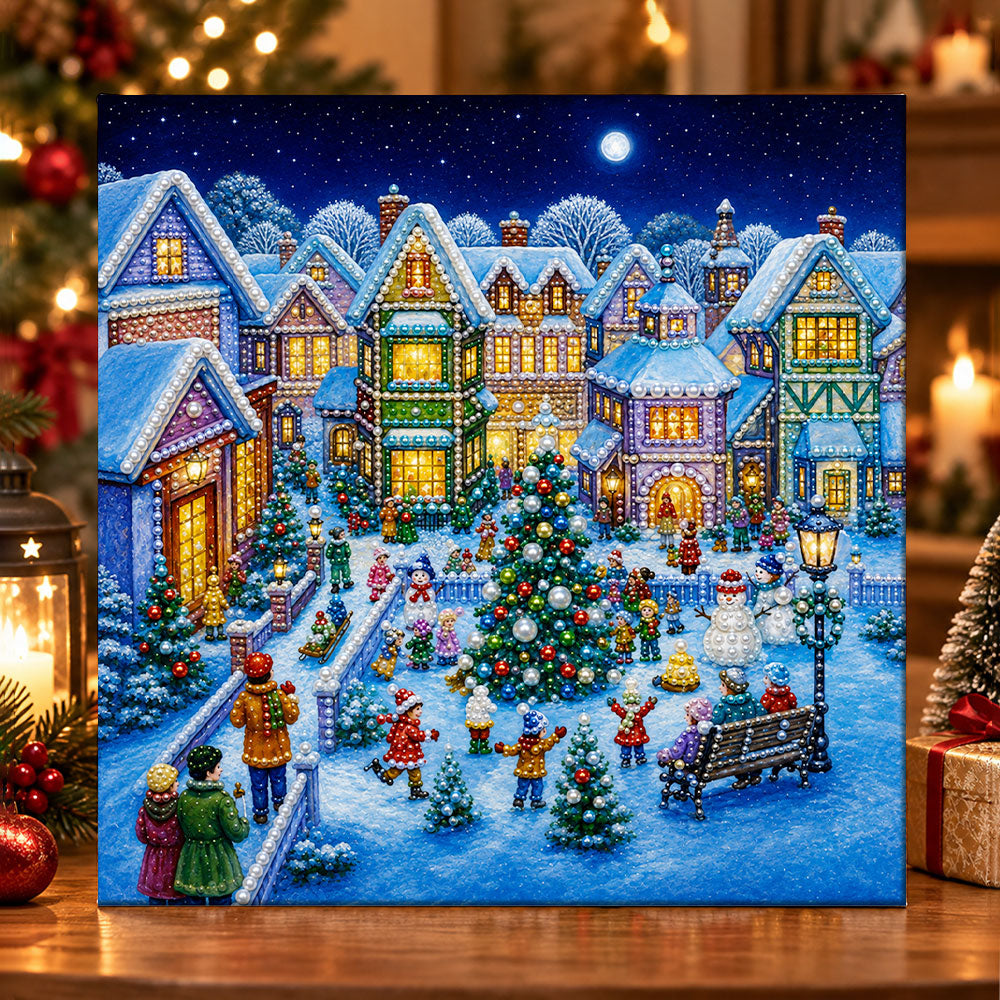 Lively christmas town square pearl diamond painting kit for beginners
