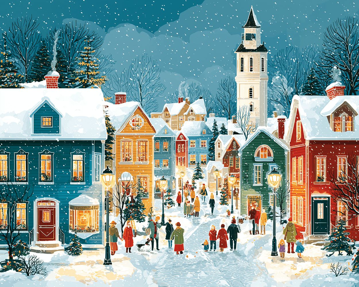 Lively snowy street with clock tower cross stitch kit for beginners