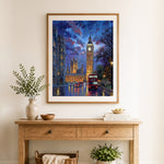 Finished london starry night cross stitch artwork displayed as home decor