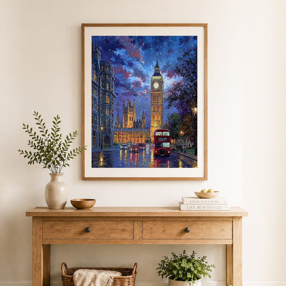 Finished london starry night cross stitch artwork displayed as home decor