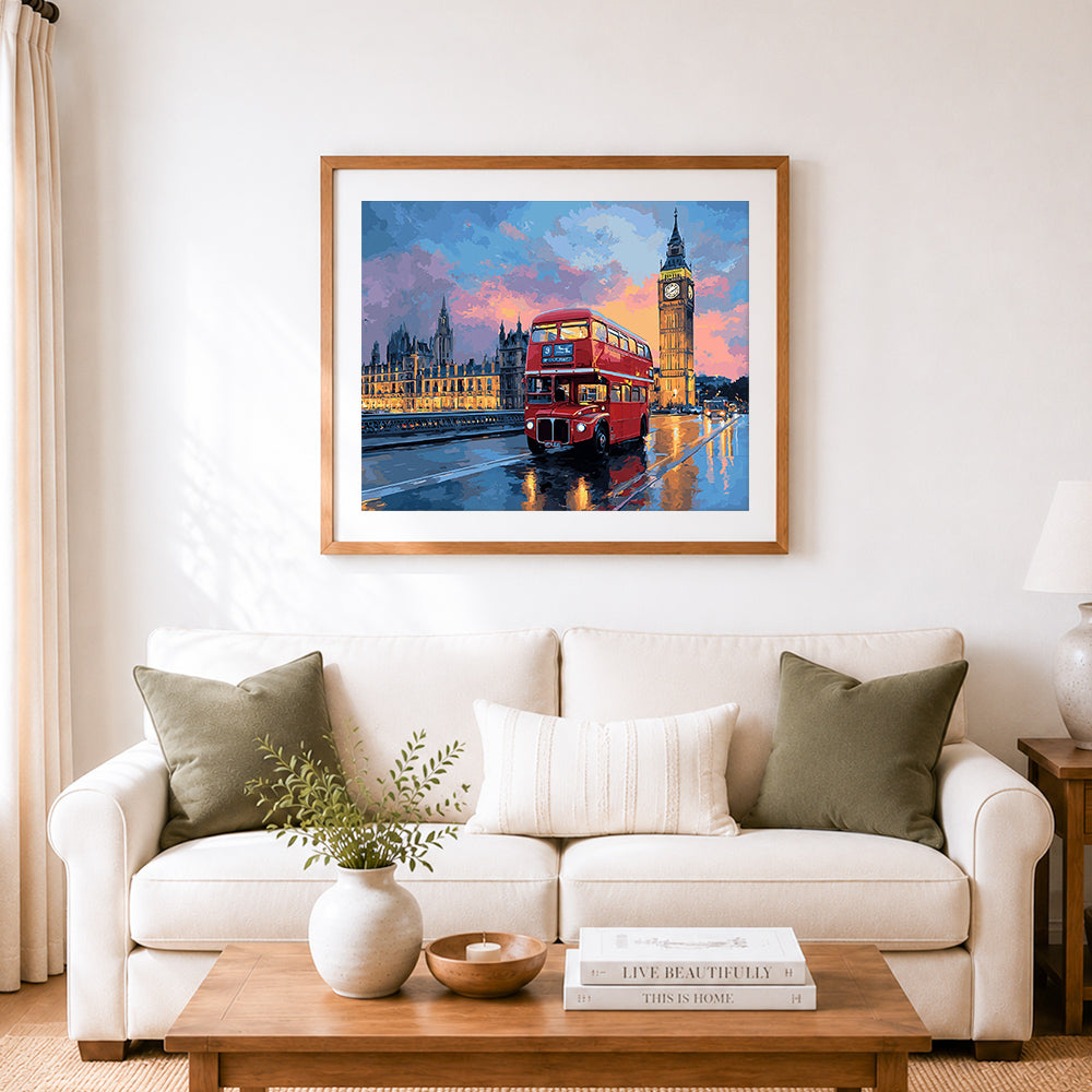 Finished london twilight view cross stitch artwork displayed as home decor