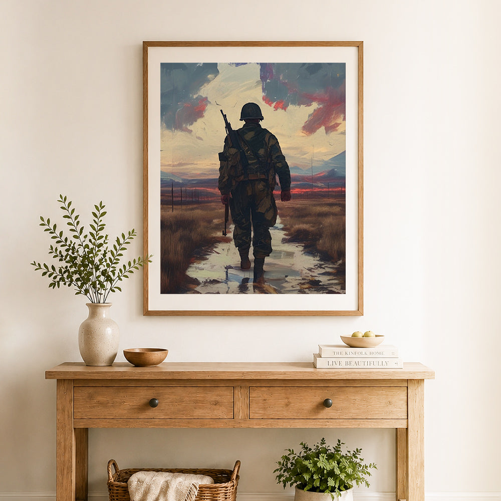 Finished lone soldier at dusk cross stitch artwork displayed as home decor