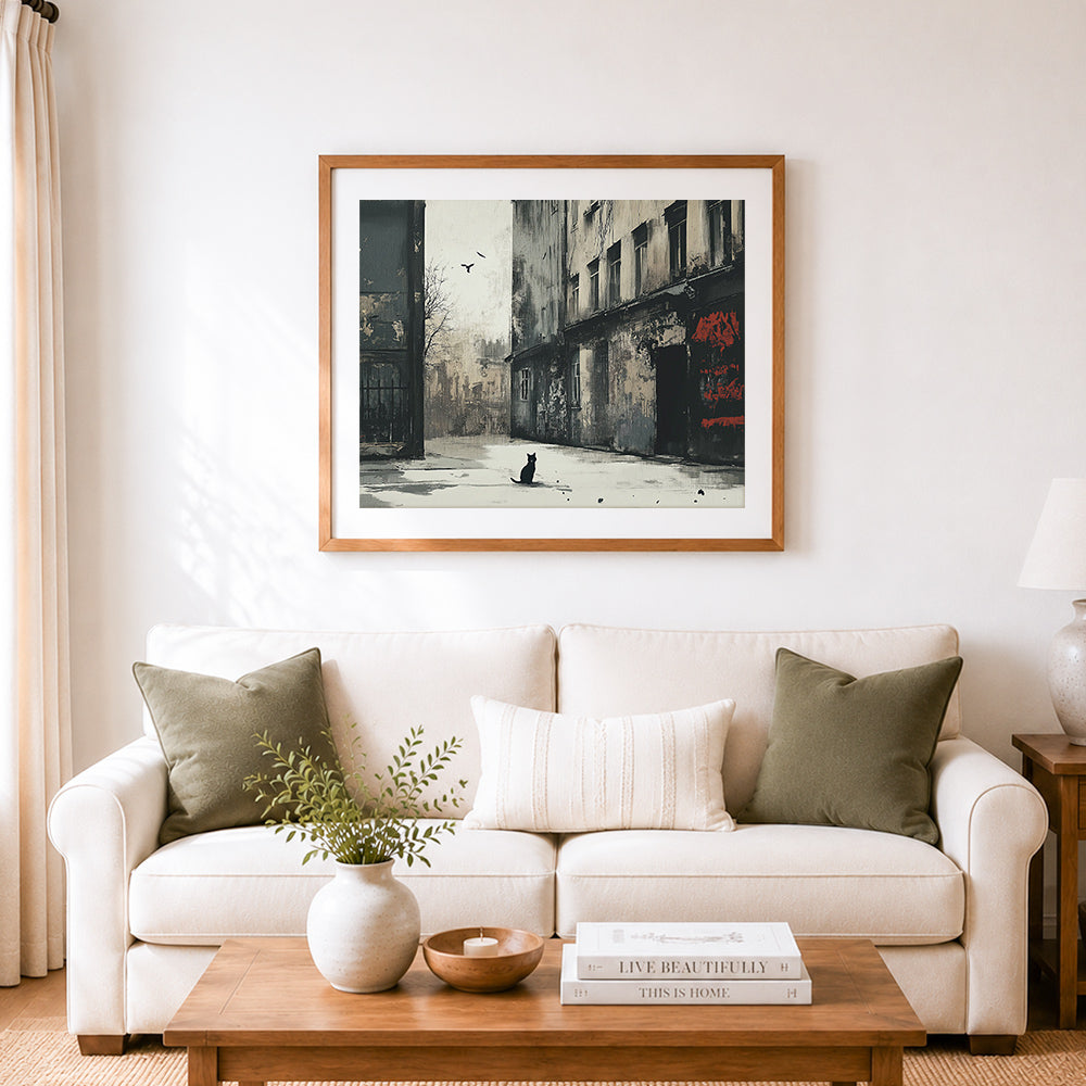 Finished lonely cat in quiet alley cross stitch artwork displayed as home decor