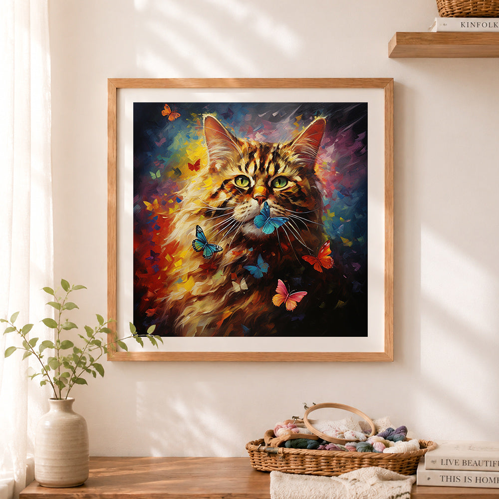 Finished longhair cat butterflies cross stitch artwork displayed as home decor