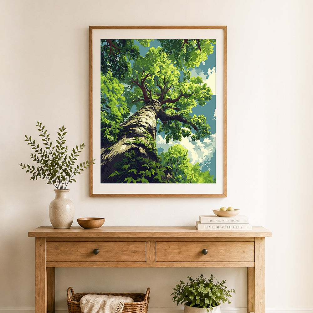 Finished looking up at a majestic green tree cross stitch artwork displayed as home decor