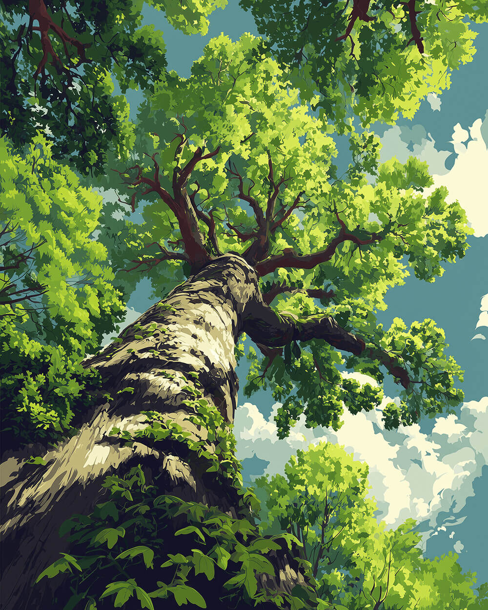 Looking up at a majestic green tree cross stitch kit for beginners